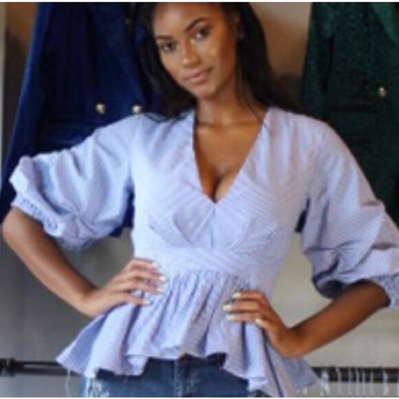 DO+BE Blue/White Boutique Pinstripe Ruffled Sleeve Plunge Top, S - Picture 1 of 8